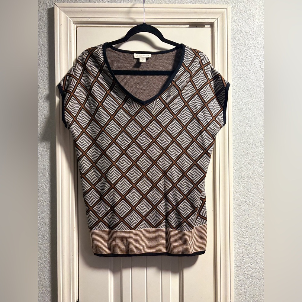 Coldwater Creek Sweater Top Womens Small 8 Brown Geometric Silk Cotton V-Neck